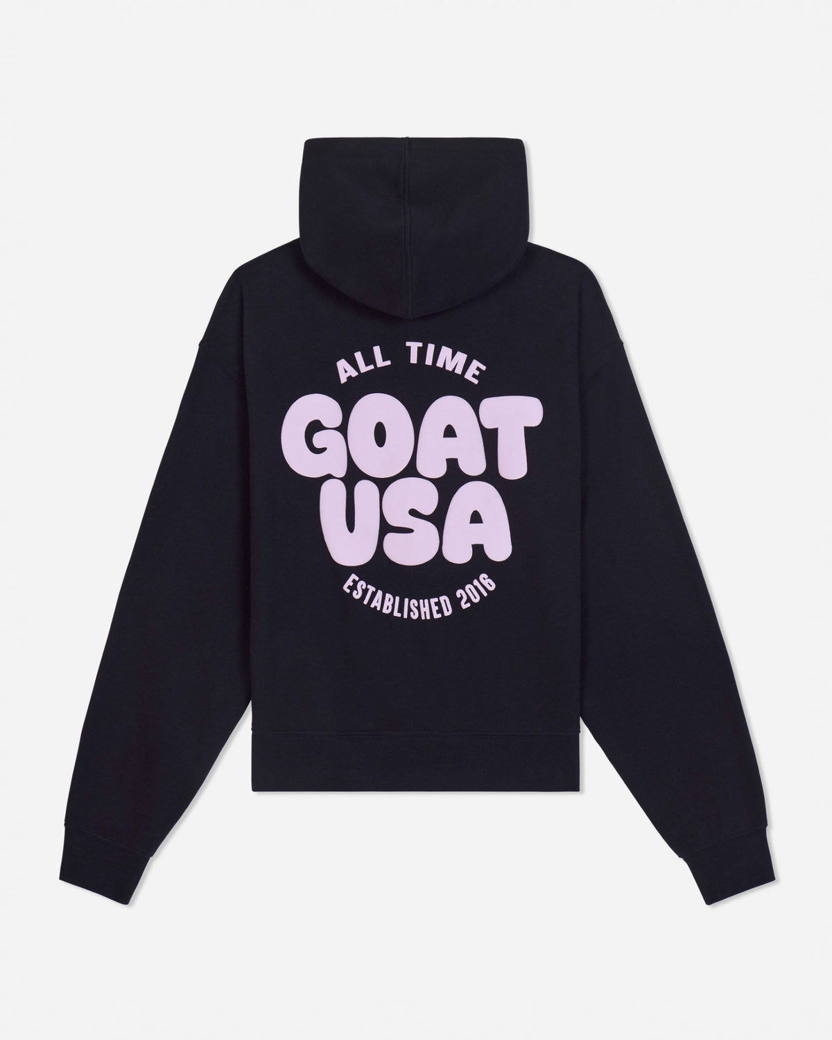 Back of black hoodie with 'ALL TIME GOAT USA ESTABLISHED 2016' text#color_black