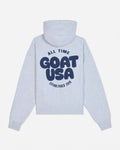 Back of gray hoodie with 'ALL TIME GOAT USA ESTABLISHED 2016' text