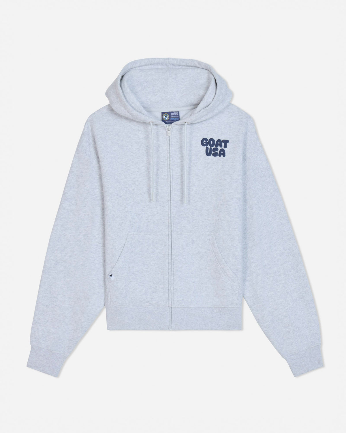 Front of gray full-zip hoodie with navy 'GOAT USA' left-chest logo