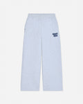 Light heather gray wide-leg sweatpants with a small navy blue 'GOAT USA' logo printed on the left hip, shown against a plain light gray background.