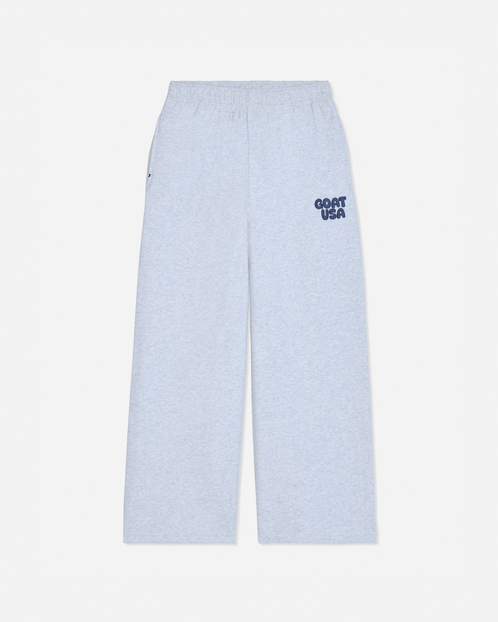 Light heather gray wide-leg sweatpants with a small navy blue 'GOAT USA' logo printed on the left hip, shown against a plain light gray background.#color_pale-gray-heather
