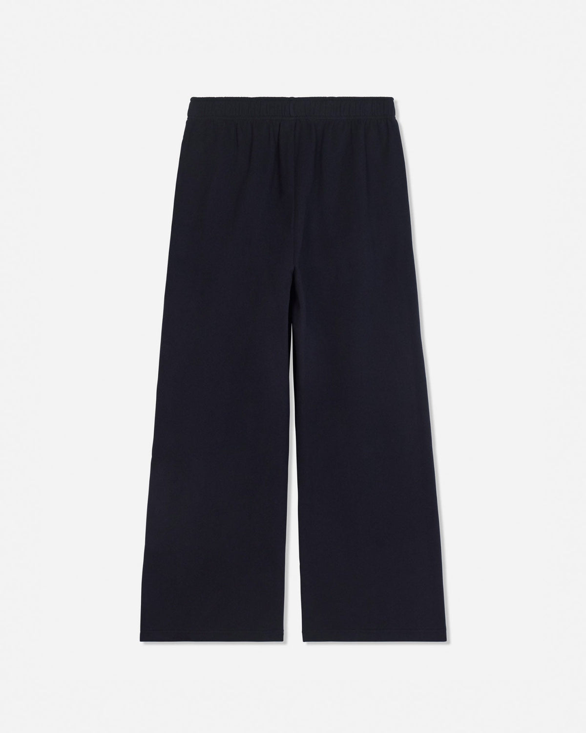 A pair of dark navy wide-leg pants with an elastic waistband, shown flat against a light gray background.