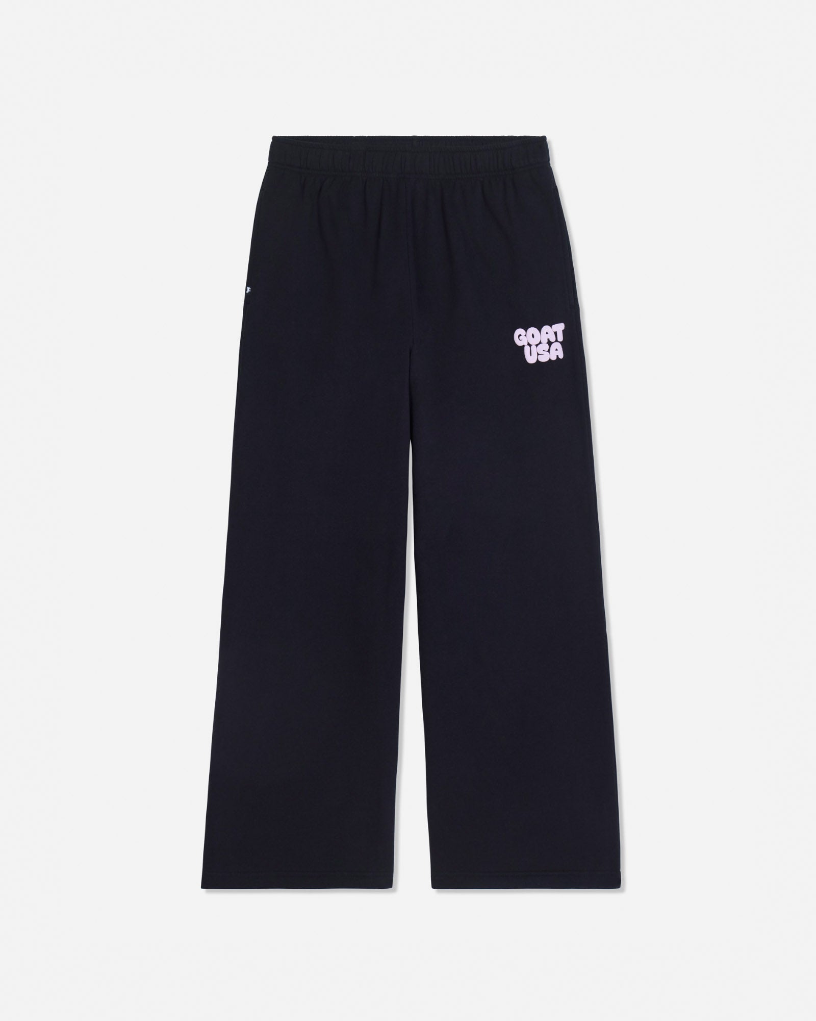 Black wide-leg sweatpants with an elastic waistband and a small white 'GOAT USA' text graphic on the left thigh, shown against a light gray background.#color_black