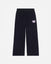 Black wide-leg sweatpants with an elastic waistband and a small white 'GOAT USA' text graphic on the left thigh, shown against a light gray background.#color_black