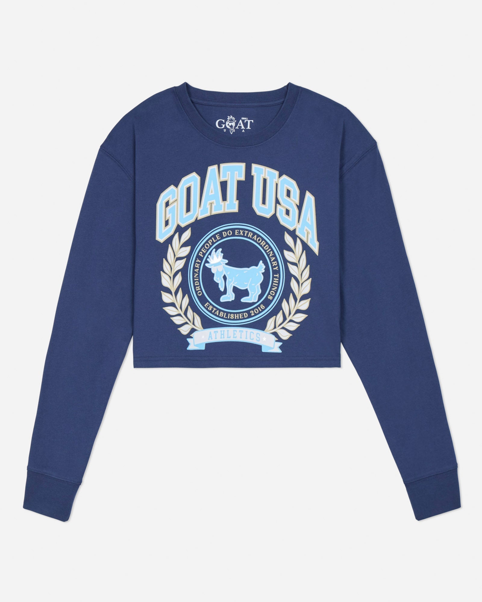 Blue long sleeve with 'GOAT USA' logo on a light gray background