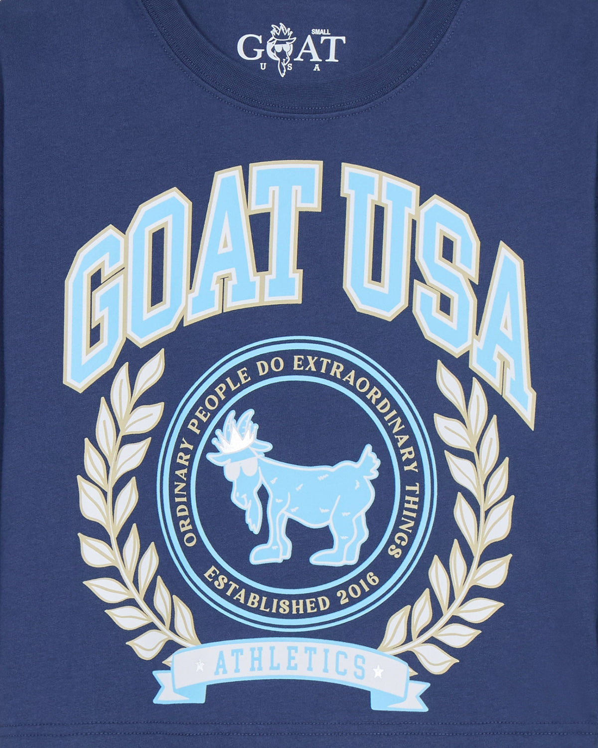 Navy blue t-shirt with 'GOAT USA' branding and logo featuring a goat and laurel leaves.