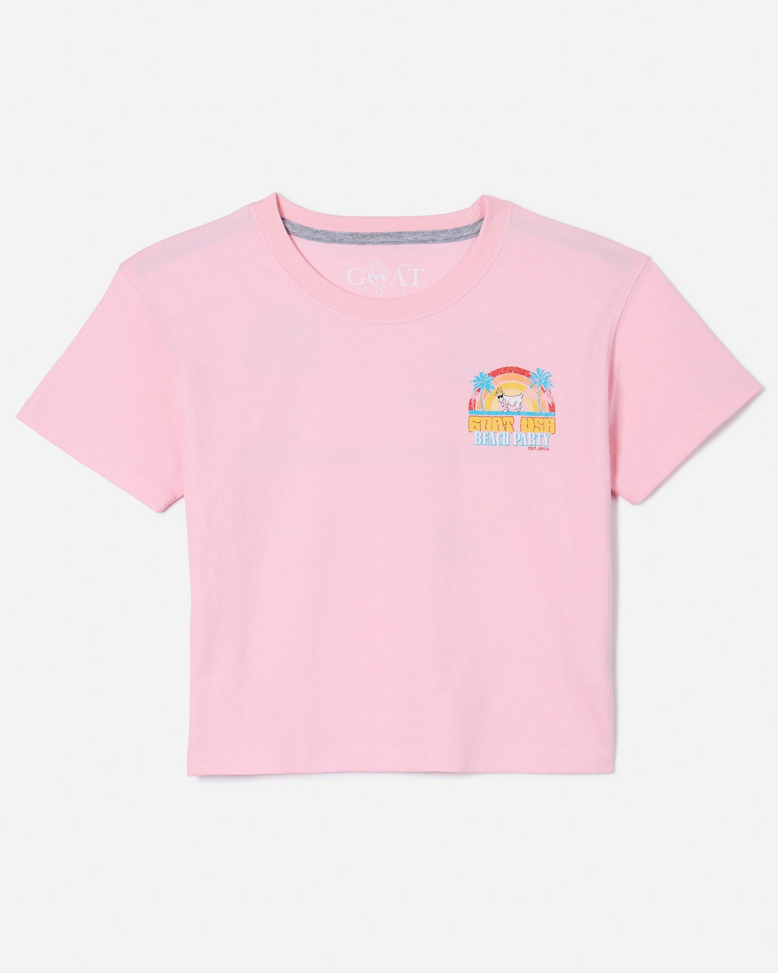 Front of pink crop top with palm trees and warm colored rainbow left-chest logo