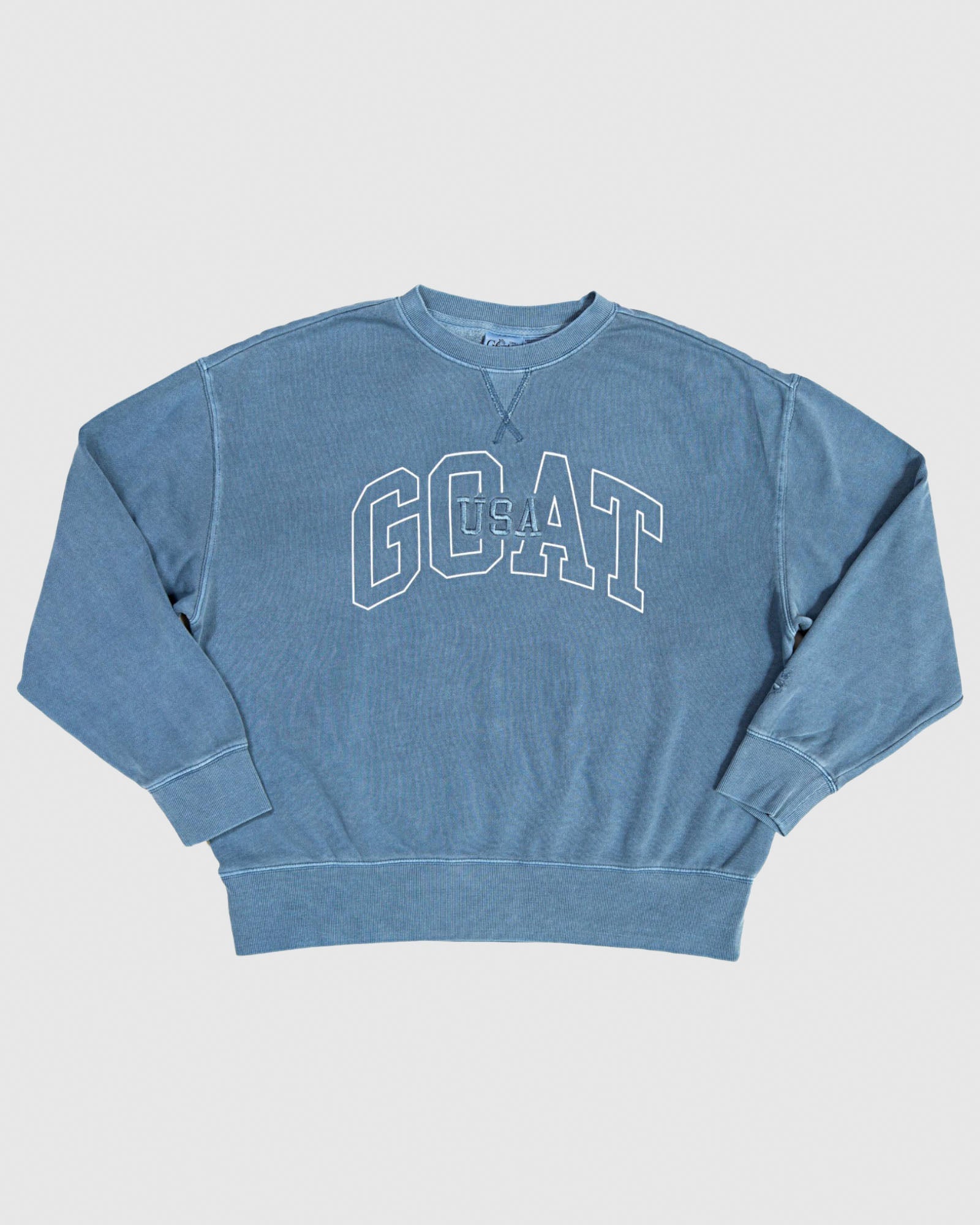 Slate colored crewneck that reads 