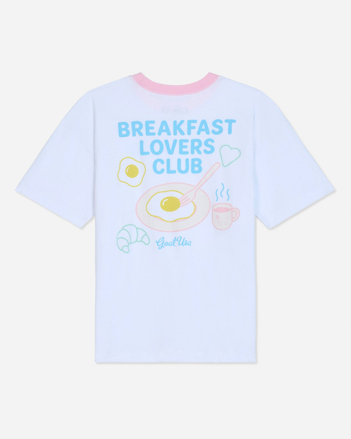 White oversized t-shirt that says 'Breakfast Lovers Club' with various breakfast items