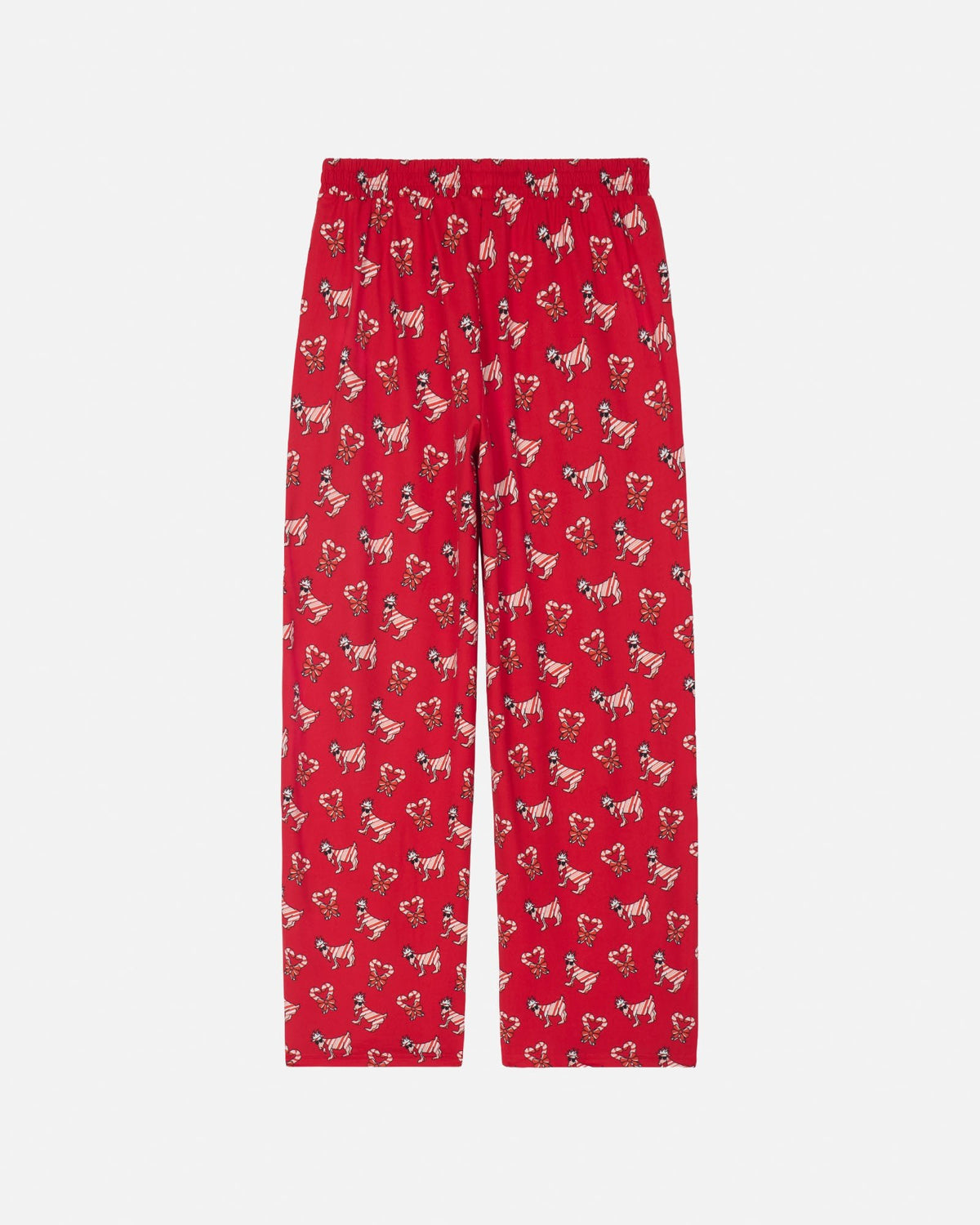 Red pajama pants with an all-over print of small goat illustrations, shown flat against a light gray background.