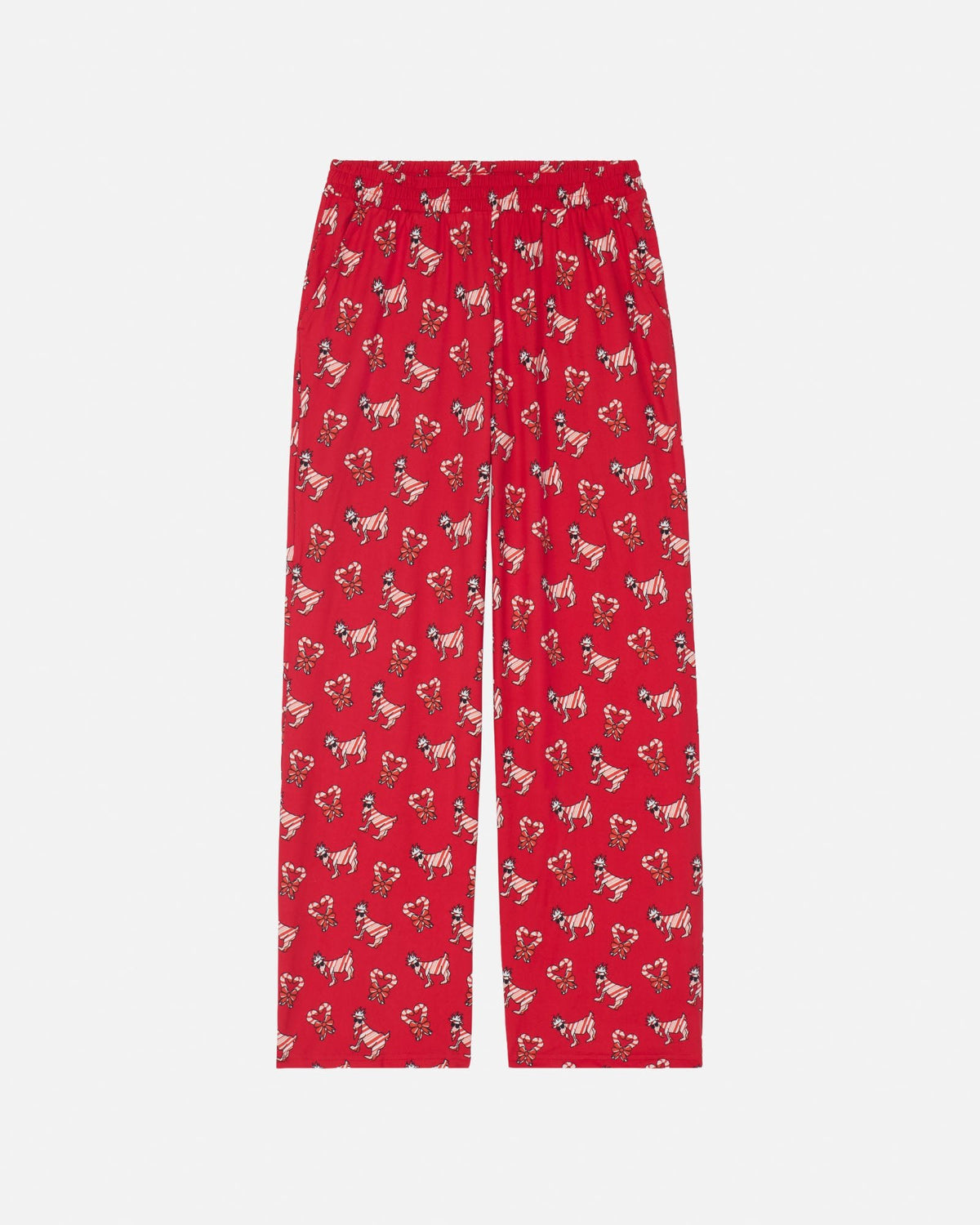 Red lounge pants with an all-over repeating print of small white goats with pink and red details, shown flat against a light gray background.