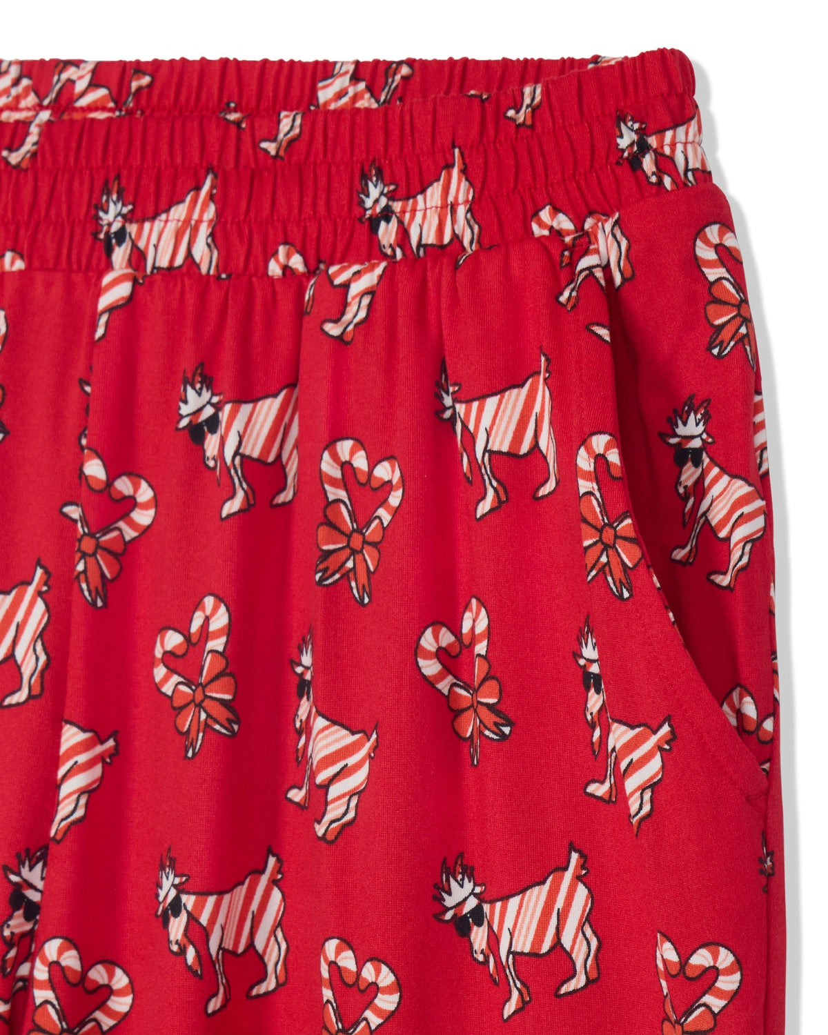 Red elastic waist shorts featuring a festive print of striped candy canes and goats.
