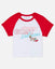 Front of red and white baby tee with a cherry goat graphic