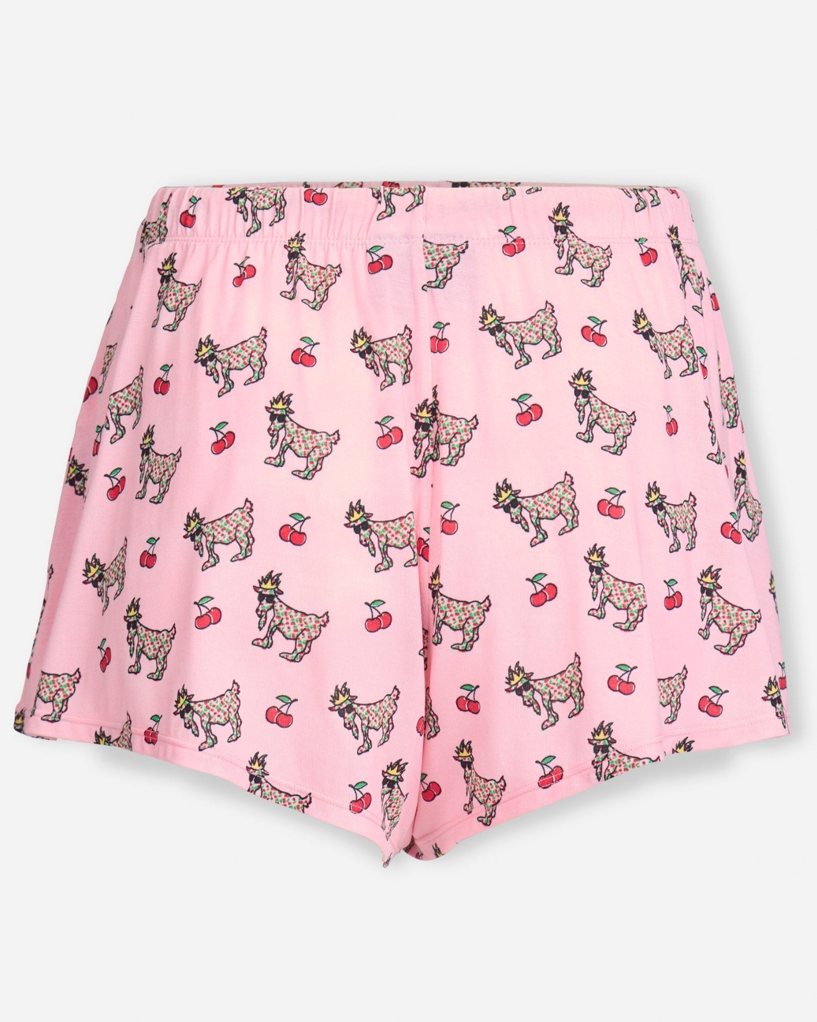 Back of pink shorts with cherries and cherry goats print