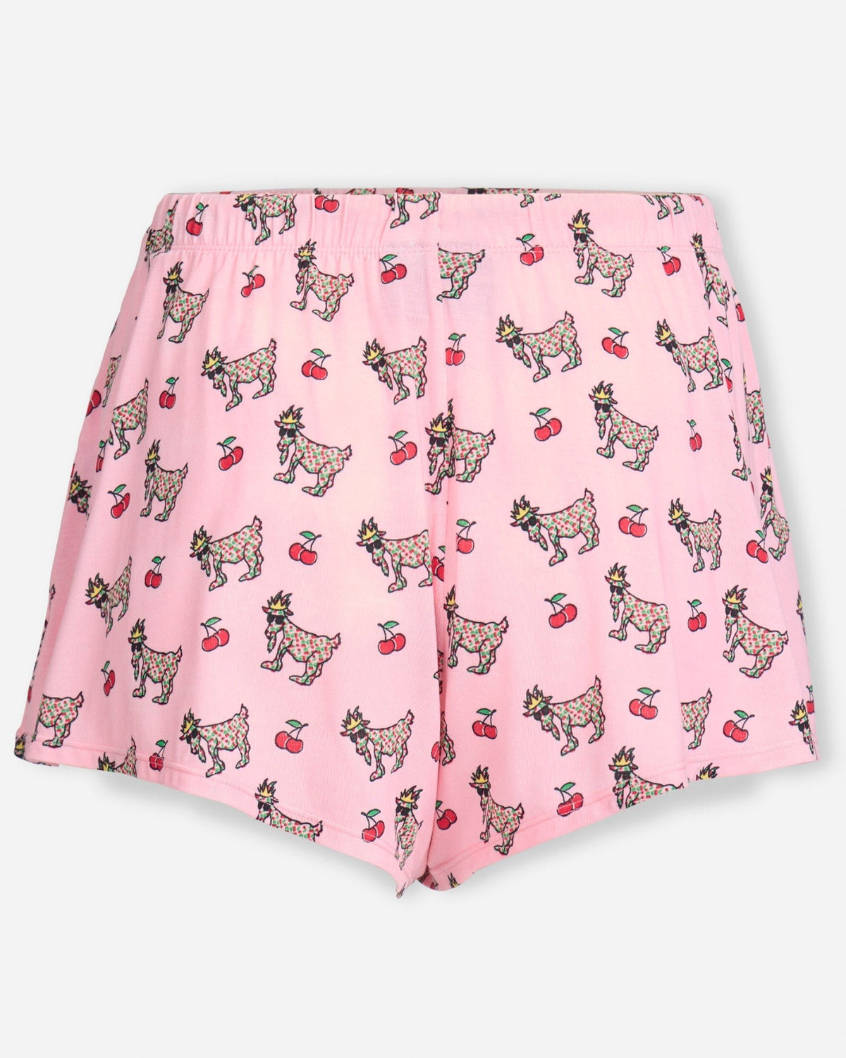 Back of pink shorts with cherries and cherry goats print