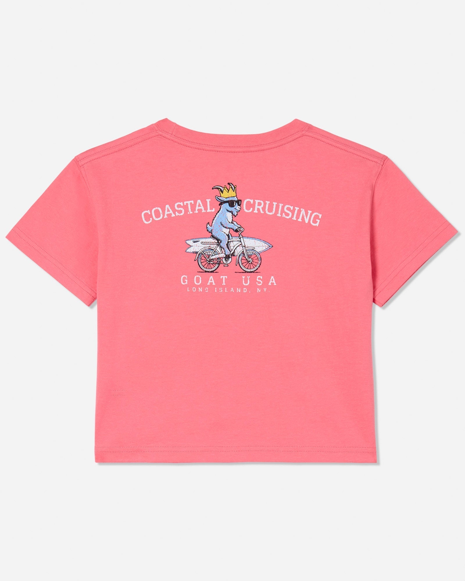 Back of salmon crop top with a bike-riding goat and surfboard graphic