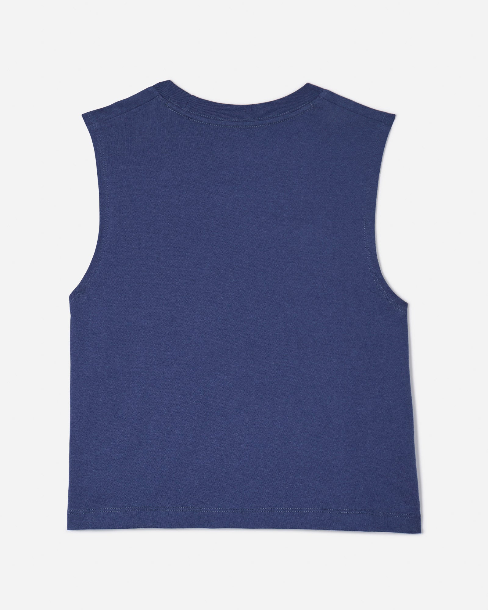Back of navy women's cut tank top
