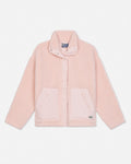 A light pink sherpa fleece jacket with a stand-up collar, snap-button placket, and two front patch pockets, shown flat on a white background.