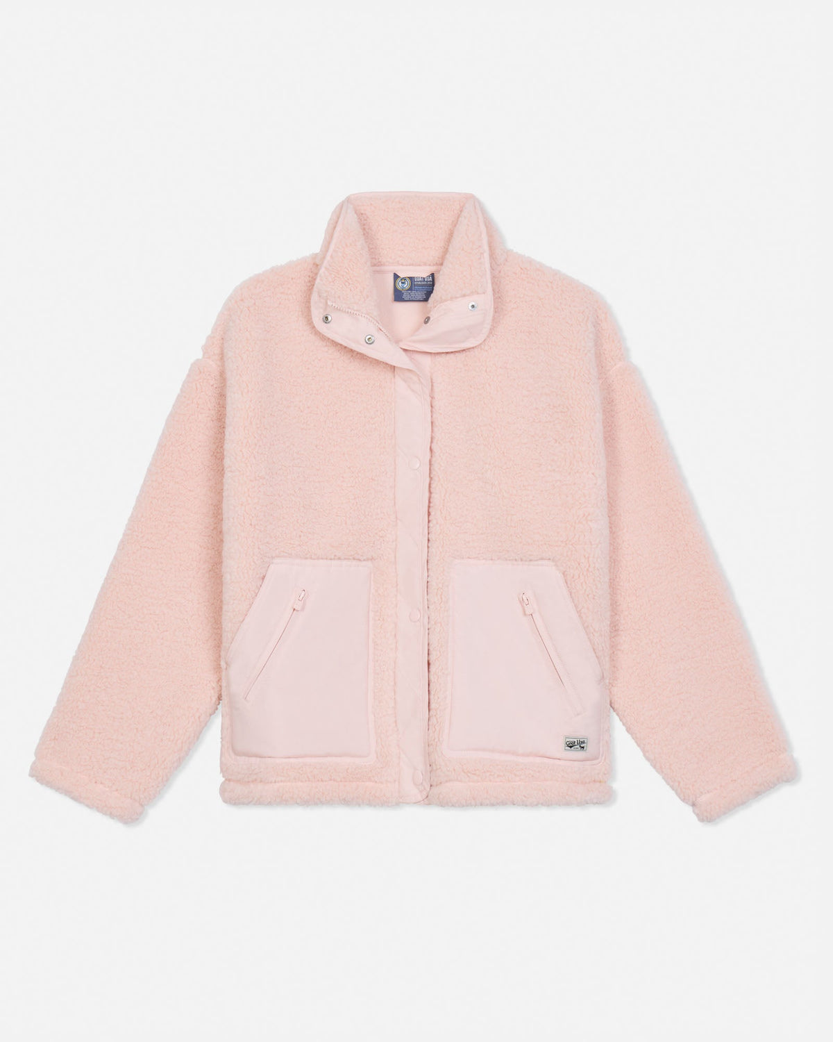 A light pink sherpa fleece jacket with a stand-up collar, snap-button placket, and two front patch pockets, shown flat on a white background.
