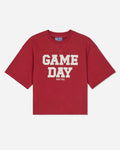 Front of red french terry tee with 'GAME DAY' text
