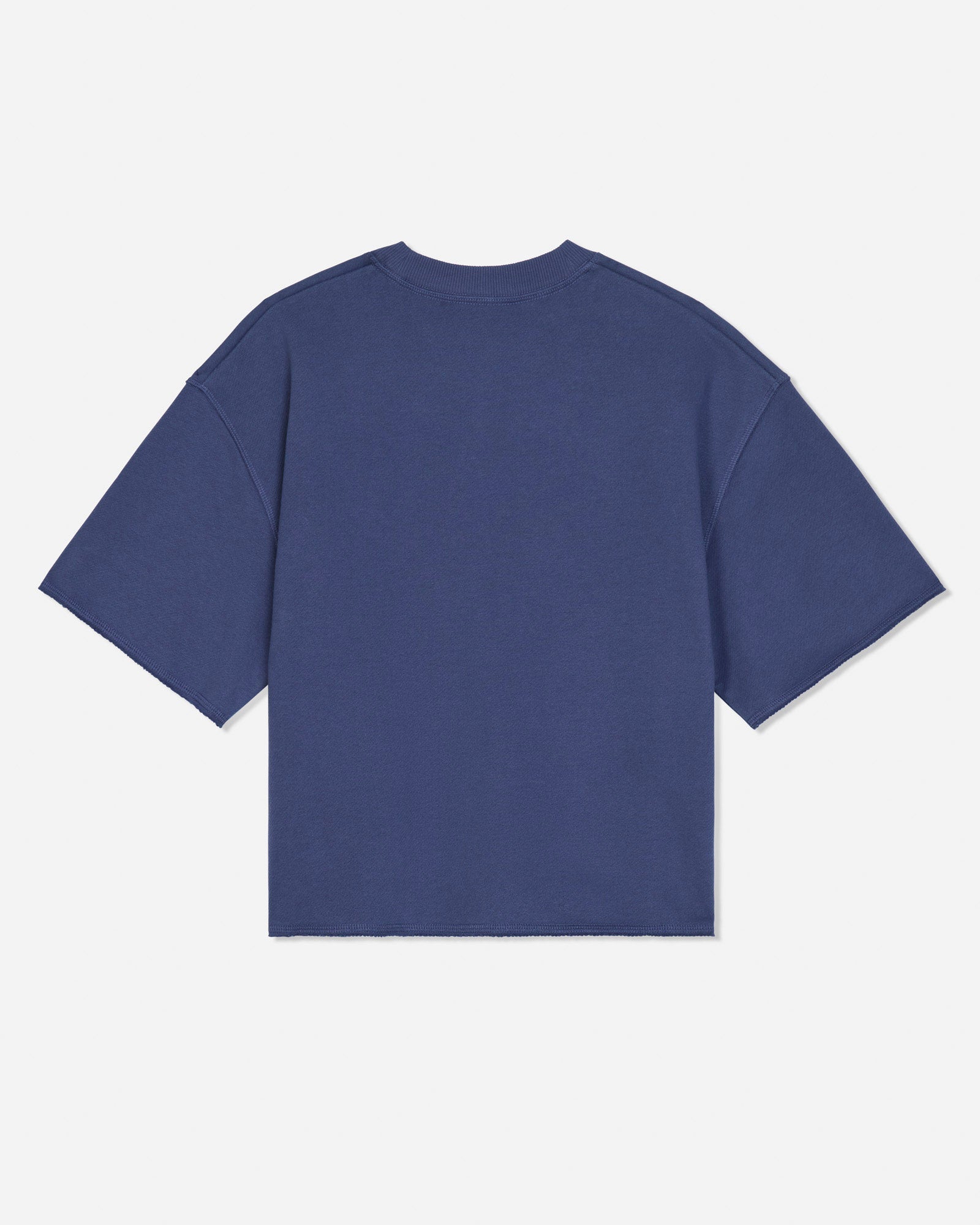 A solid blue short-sleeve t-shirt shown from the back, laid flat against a light gray background.#color_navy