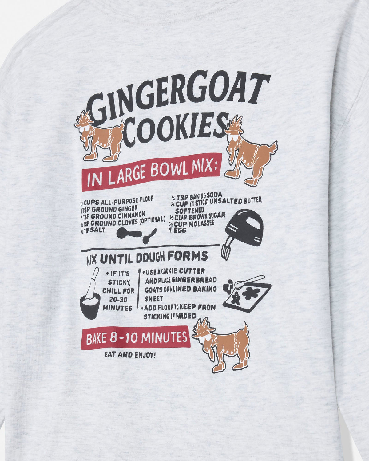 Close-up of a light heather gray sweatshirt featuring a detailed gingerbread cookie recipe graphic printed on the chest.