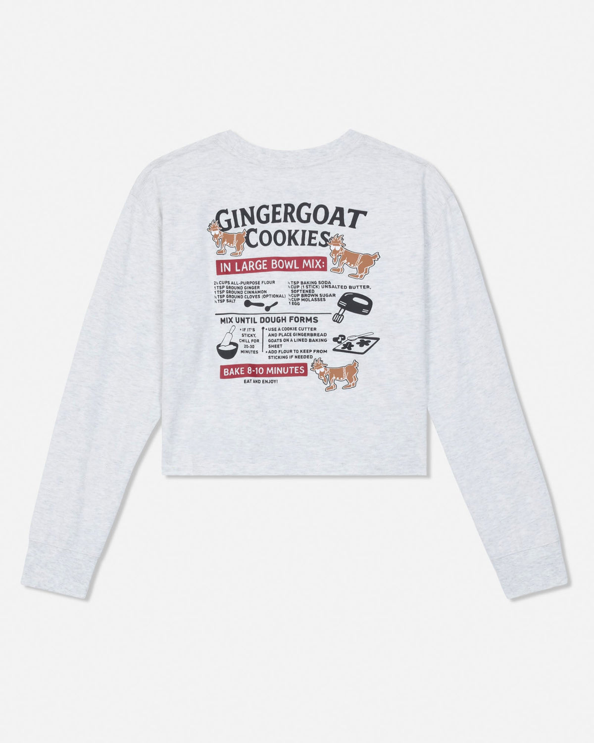 A light heather gray long-sleeve t-shirt shown from the back, featuring a detailed graphic print for 'GingerGoat Cookies' with illustrations of goats, a mixer, a measuring spoon, and baking pans.