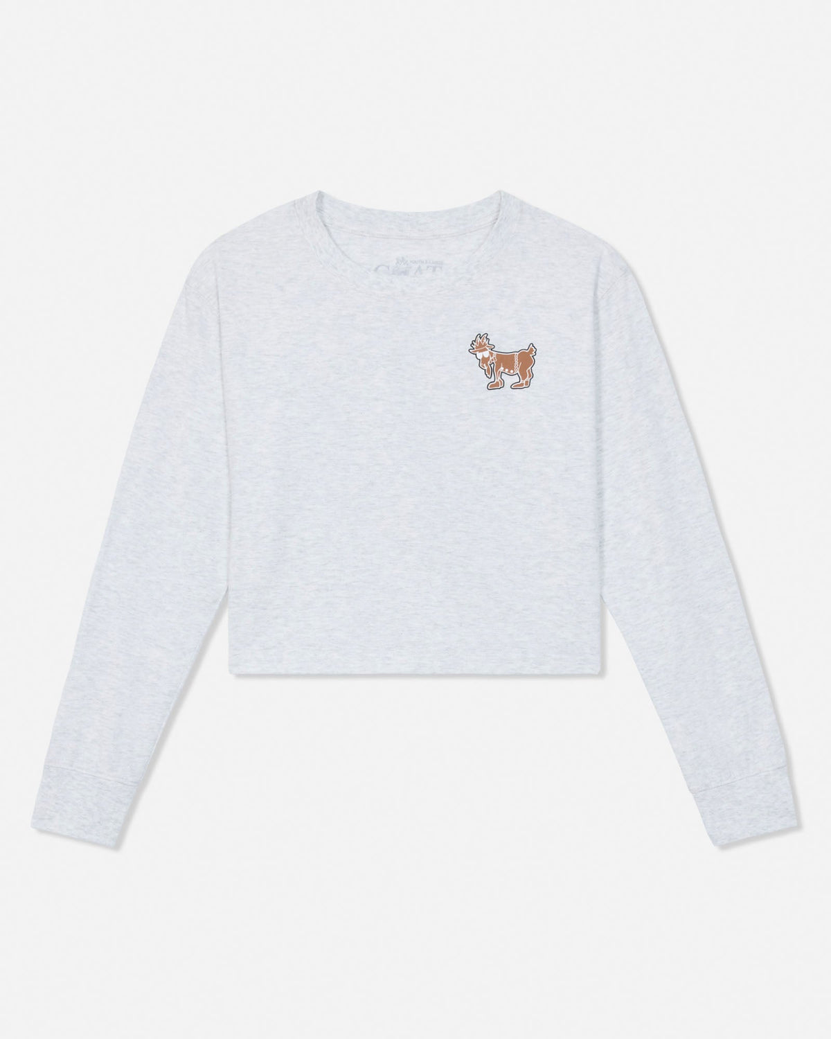 A light heather gray long-sleeve cropped sweatshirt with a small embroidered goat graphic on the left chest, displayed flat against a white background.