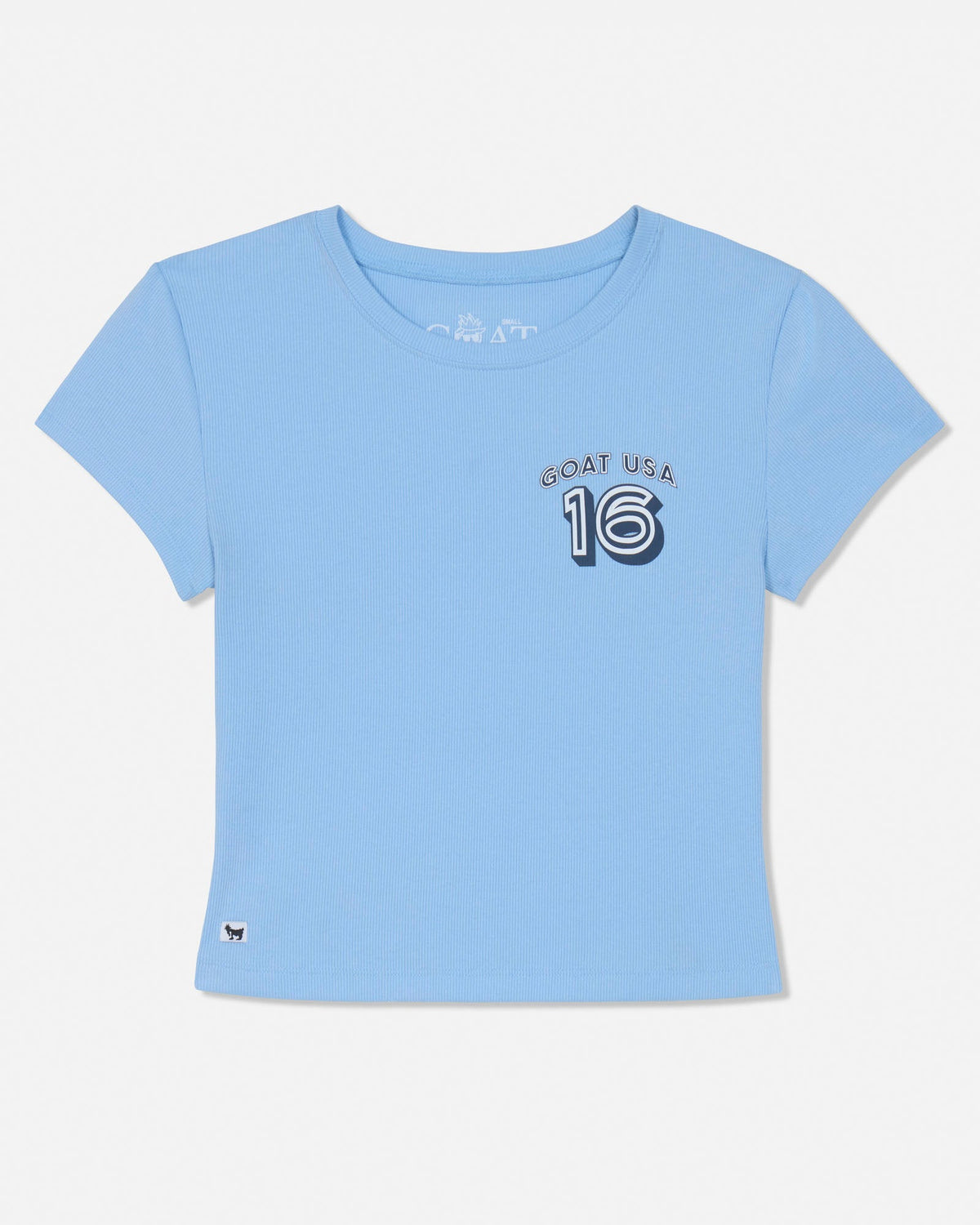 A light blue short-sleeve crop top t-shirt with a 'GOAT USA 16' graphic on the left chest, displayed flat against a light gray background.