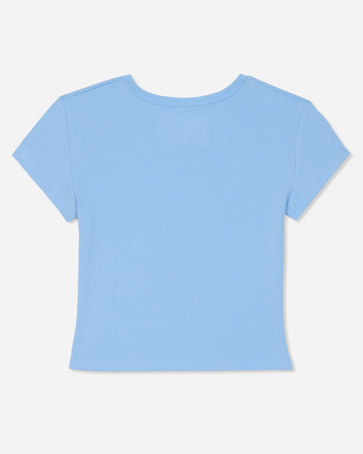 A light blue short-sleeve crop top shown from the back, laid flat against a clean white background.