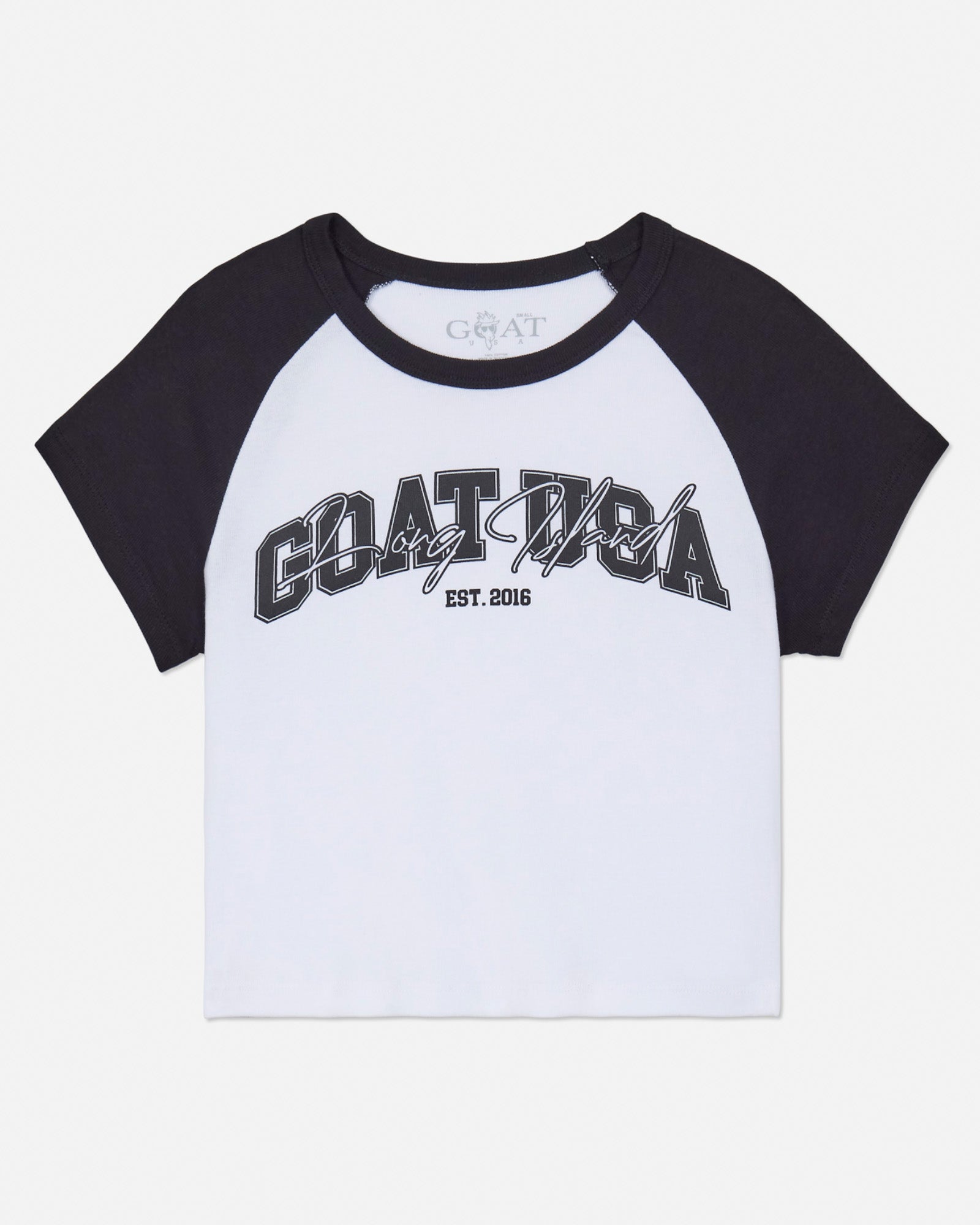 Front of black and white baby tee with GOAT USA graphic