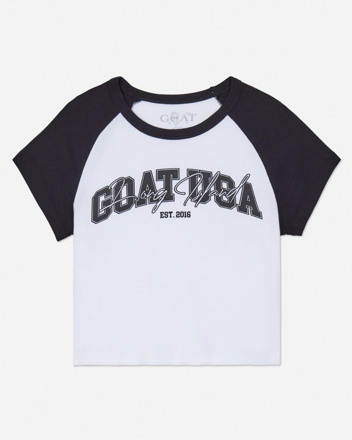 Front of black and white baby tee with GOAT USA graphic