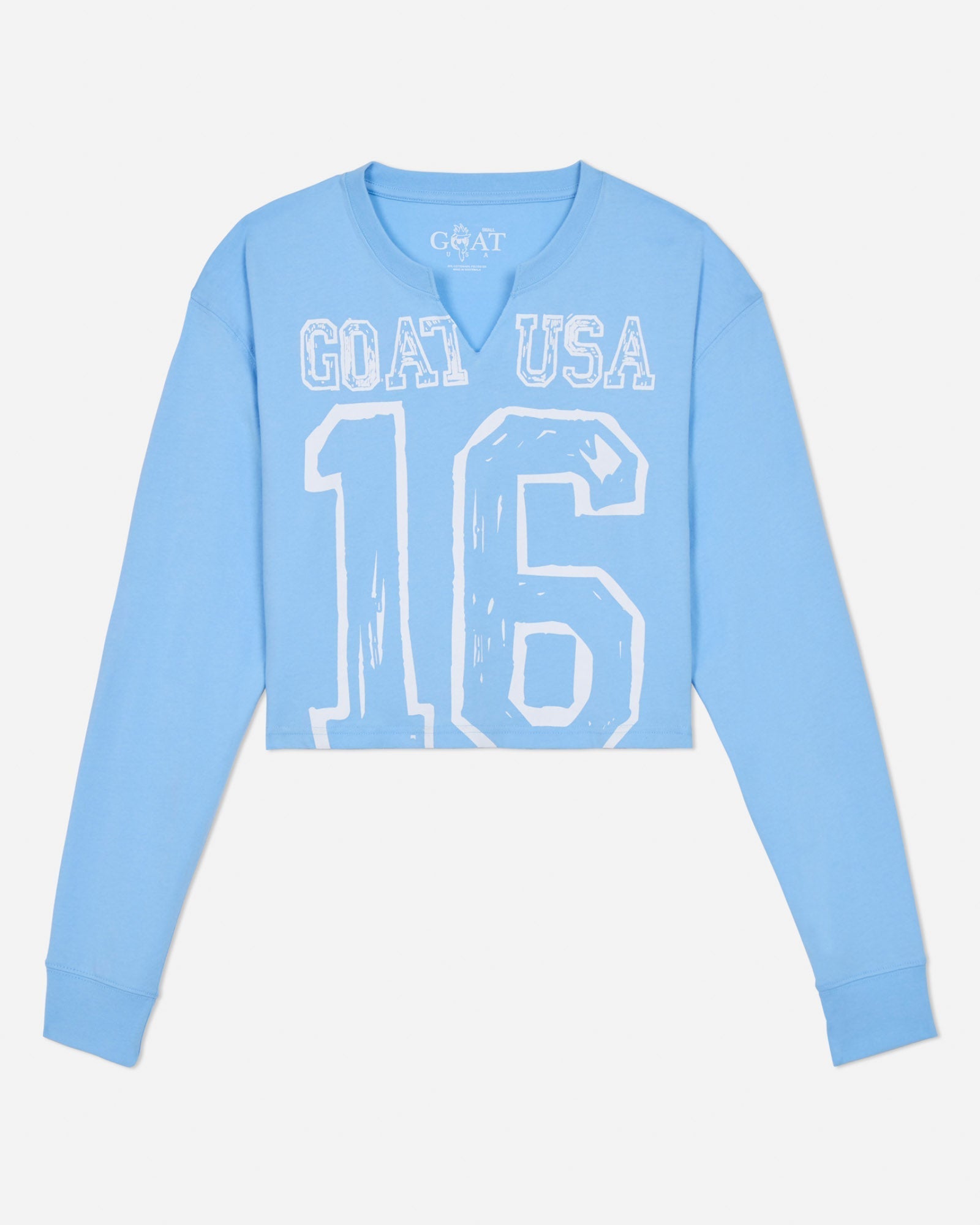 Light blue long-sleeve shirt with 'GOAT USA 16' text on a light gray background