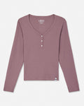 A dusty rose long-sleeve henley shirt with a V-neck and three-button placket, laid flat on a light gray background. The brand name 'GOAT USA' is visible on the inner neck label.