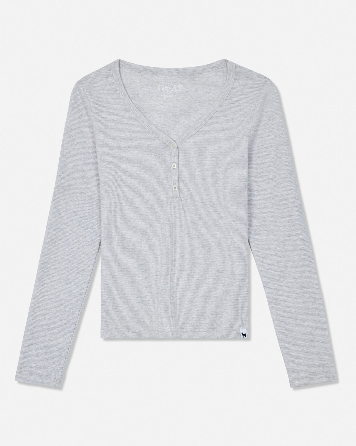 A light gray heather long-sleeve henley top with a V-neck and three-button placket, laid flat against a white background.