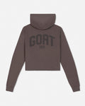 Back of mocha cropped hooded sweatshirt