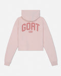 Back of pink cropped hooded sweatshirt