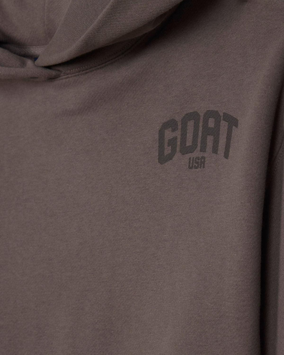 Close-up of front of mocha cropped hooded sweatshirt