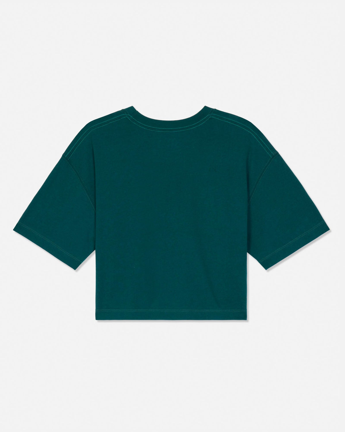 A dark green short-sleeve crop top shown from the back, laid flat against a light gray background.