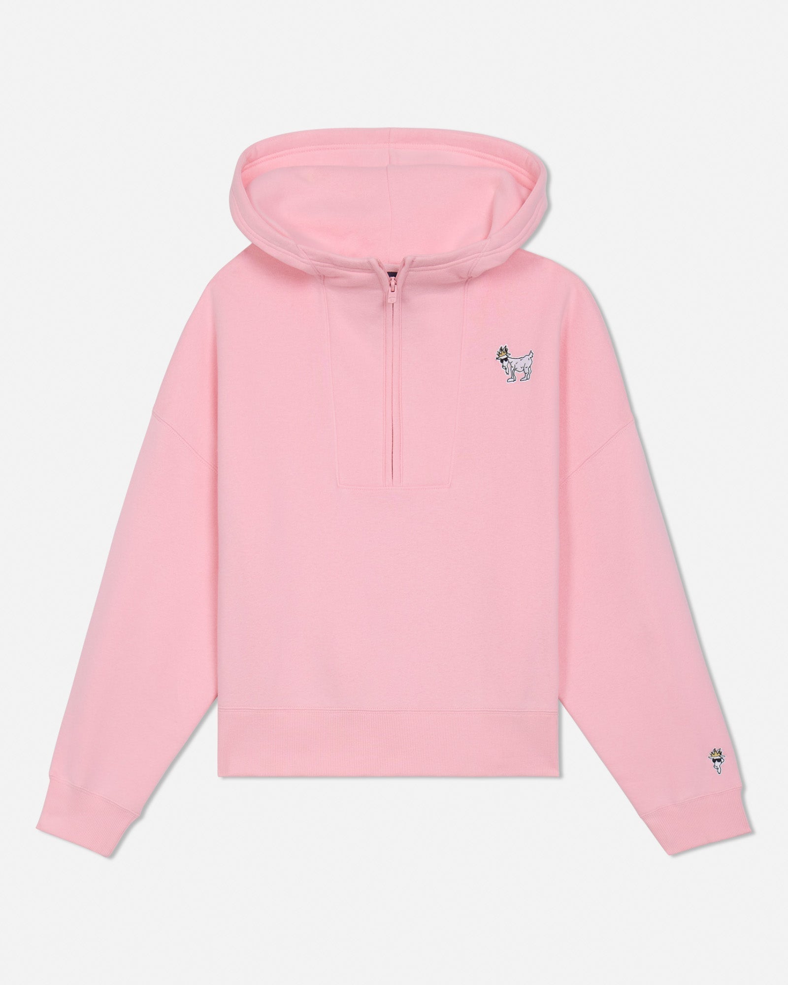Pink half-zip hooded sweatshirt on a light gray background#color_pink