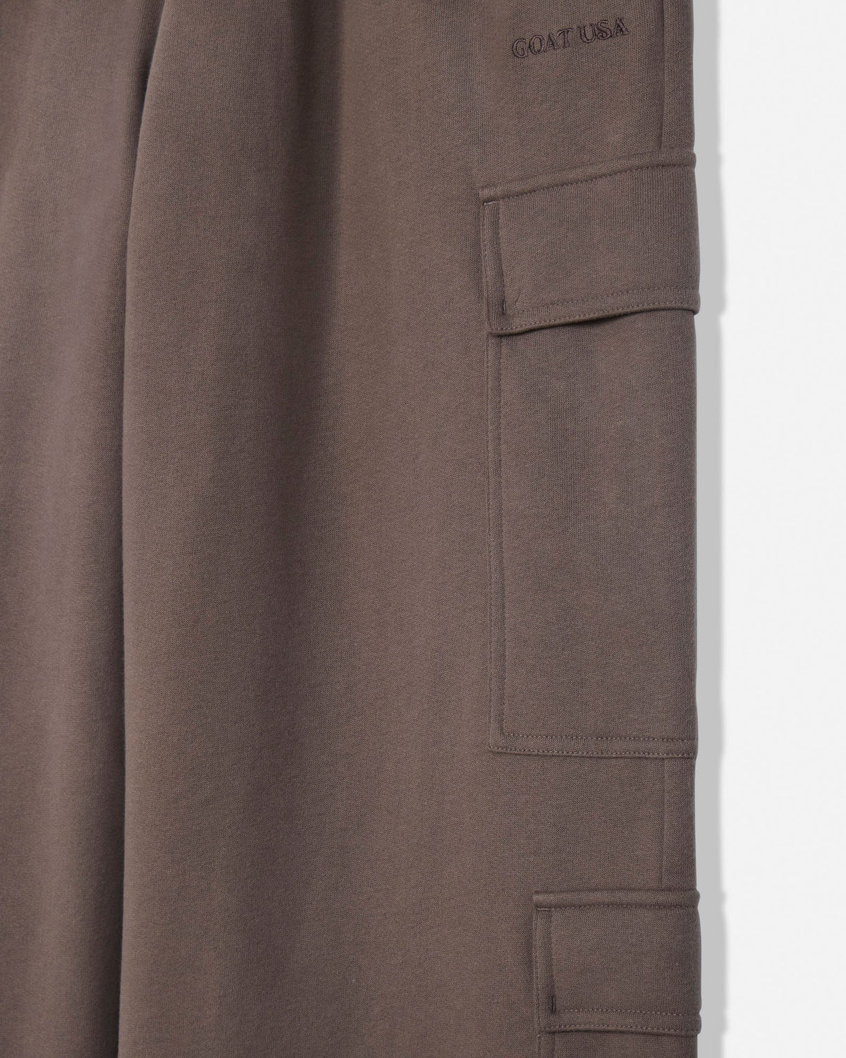 Close-up of cargo pocket on mocha women's cargo sweatpants