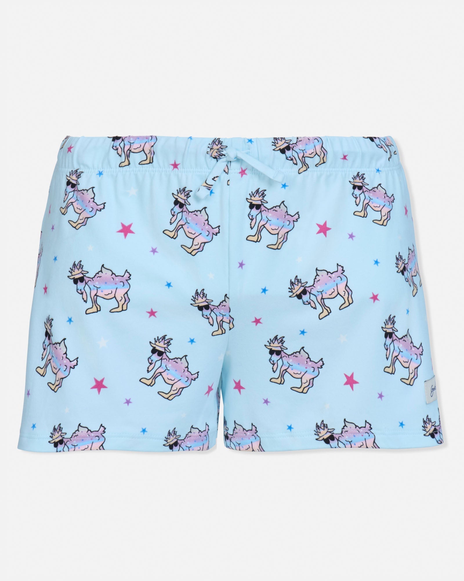 Light blue pajama shorts with cartoon goat pattern on a white background