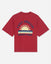 Back of red oversized t-shirt with sunset graphic and 'Lazy Chillin GOAT USA' text