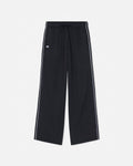 Black wide-leg cropped pants with white side stripes and a small white embroidered logo on the left thigh, shown flat on a light gray background.