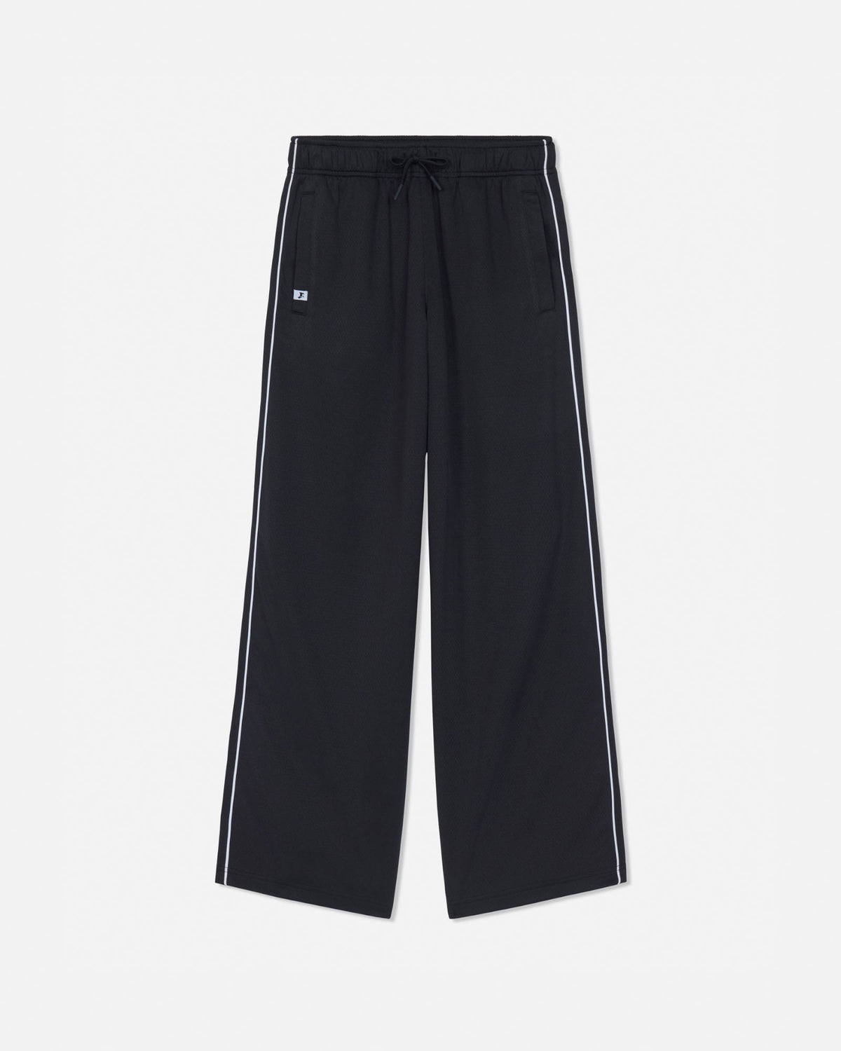 Black wide-leg cropped pants with white side stripes and a small white embroidered logo on the left thigh, shown flat on a light gray background.#color_black