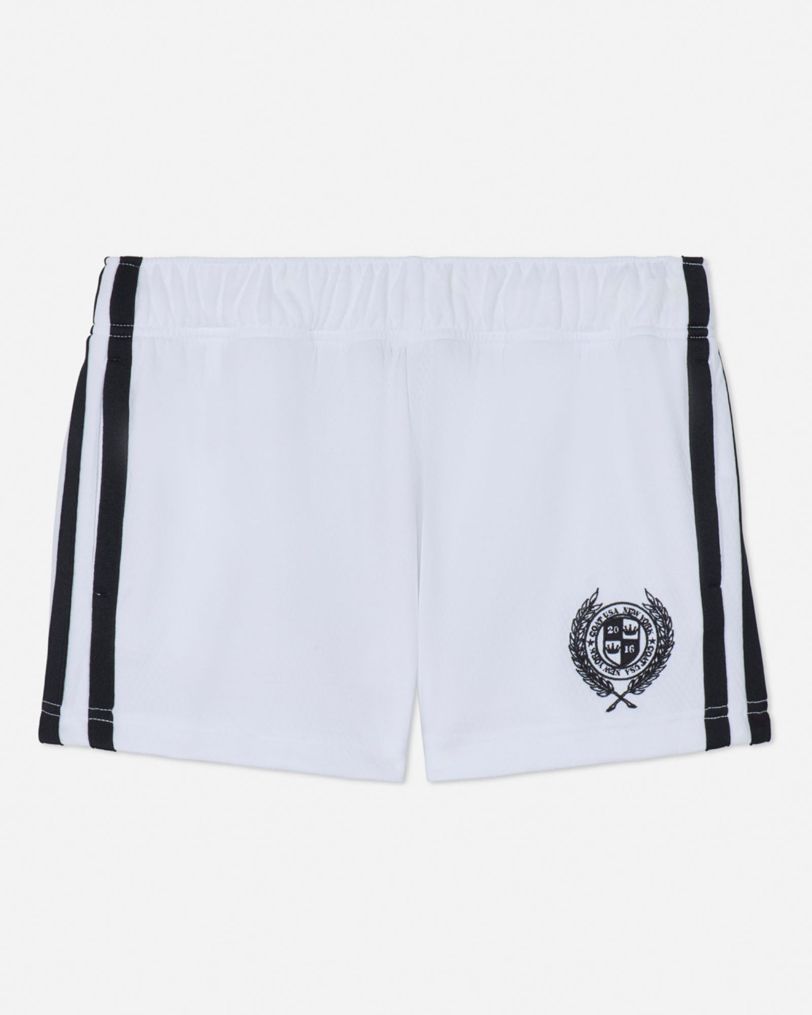White shorts with black stripes and a logo on a white background#color_white