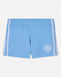 Light blue shorts with white stripes on a white background