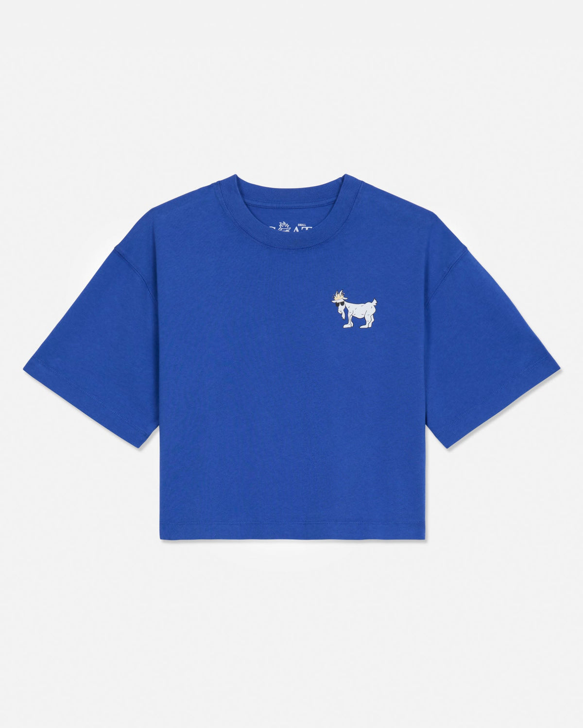 A royal blue short-sleeve t-shirt with a small white printed goat graphic on the left chest, displayed flat against a light gray background.#color_amparo-blue
