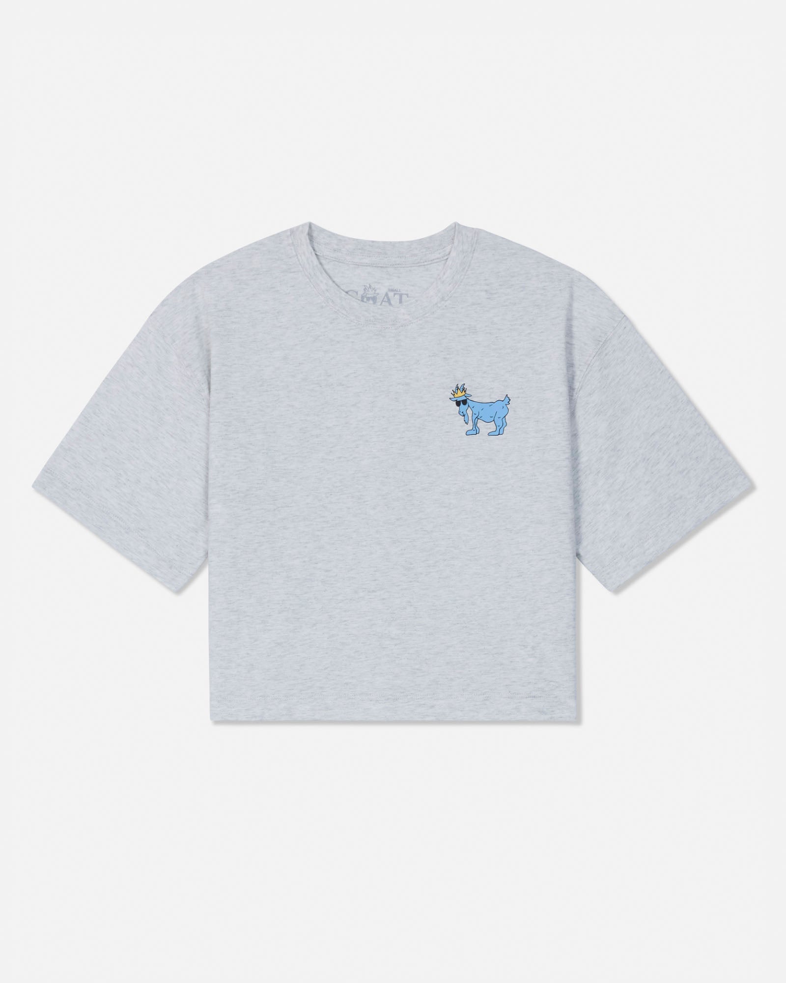 A light gray heather short-sleeve t-shirt with a small blue cartoon goat graphic on the left chest, displayed flat against a light gray background.#color_pale-gray