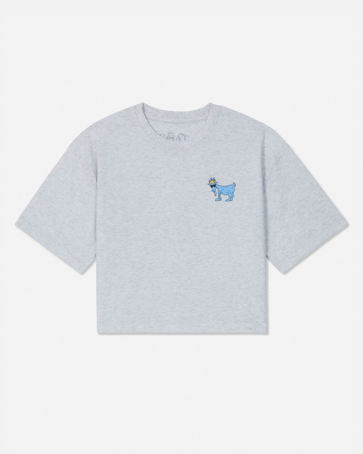 A light gray heather short-sleeve t-shirt with a small blue cartoon goat graphic on the left chest, displayed flat against a light gray background.#color_pale-gray